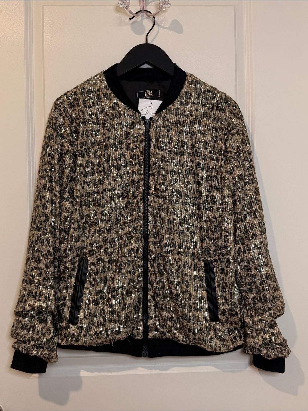 Lucky & Blessed Sequin Leopard Bomber Jacket - Gold/Black